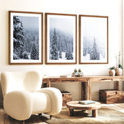3 Piece Black White Nordic Winter Forest Wall Art Set - Dark Brown Framed Poster with White Border - Artworksets