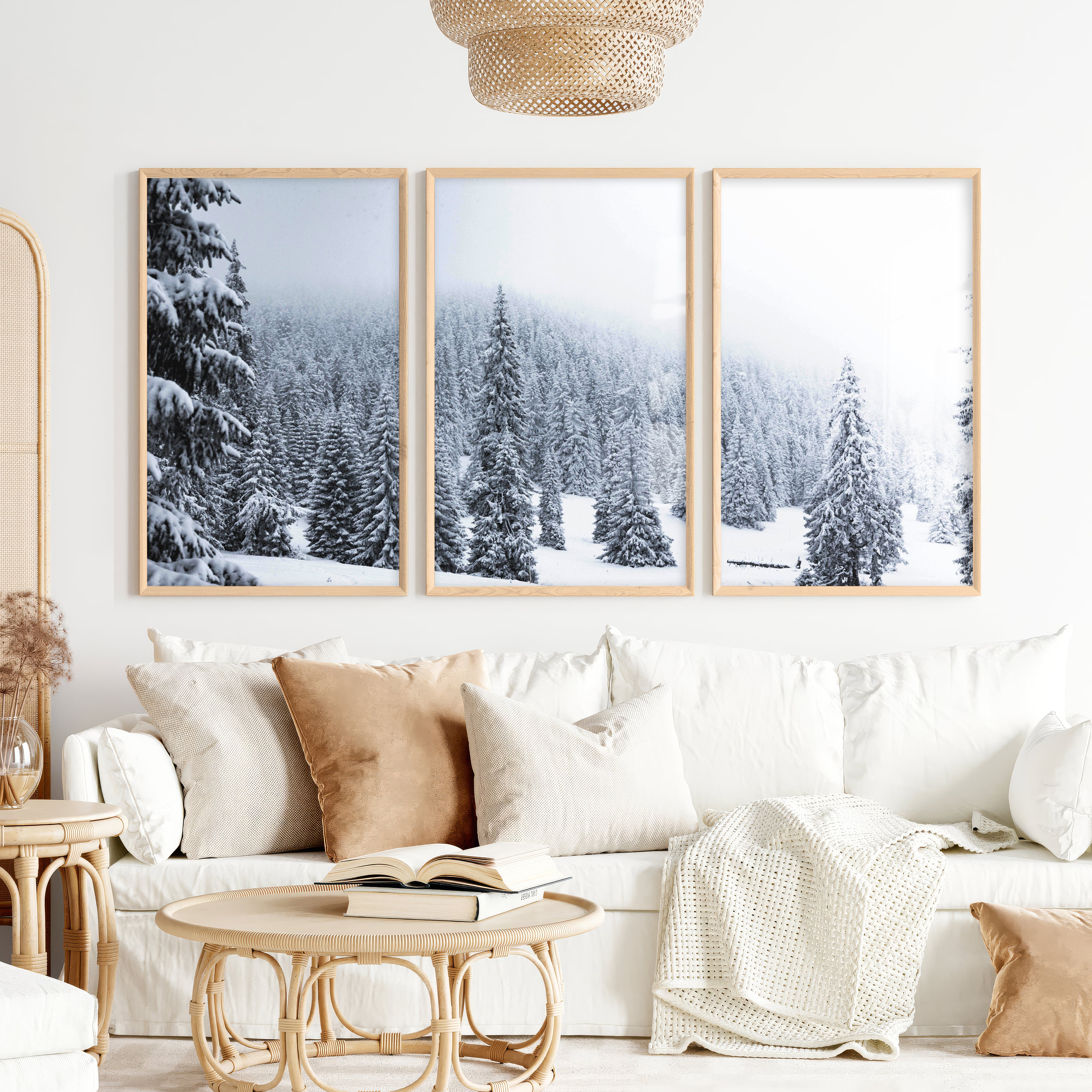 3 Piece Black White Nordic Winter Forest Wall Art Set - Natural Wood Framed Poster No Border - Artworksets