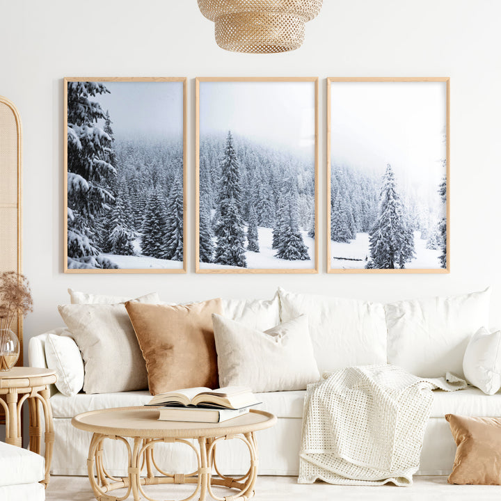 3 Piece Black White Nordic Winter Forest Wall Art Set - Natural Wood Framed Poster No Border - Artworksets