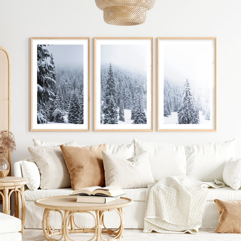 3 Piece Black White Nordic Winter Forest Wall Art Set- Natural Wood Framed Poster with White Border - Artworksets