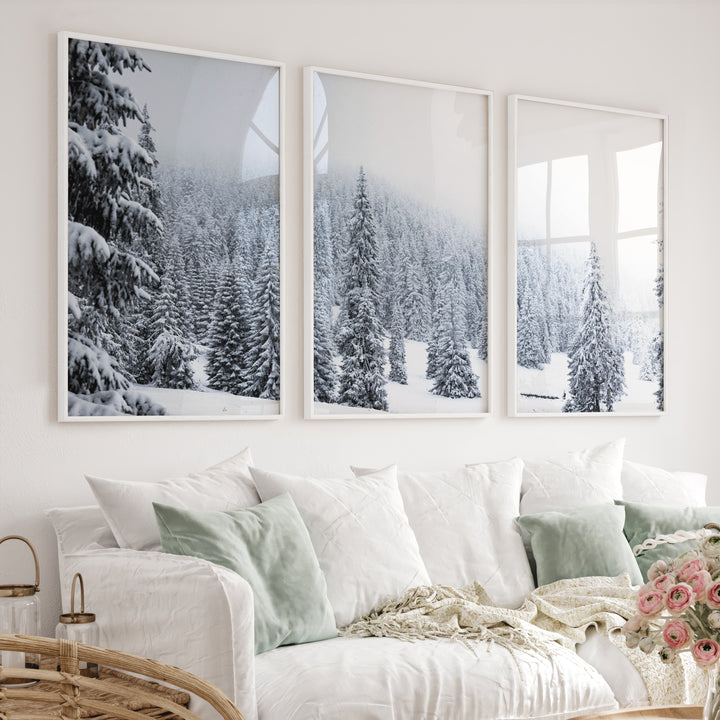 3 Piece Black White Nordic Winter Forest Wall Art Set - White Framed Poster No Border - Artworksets