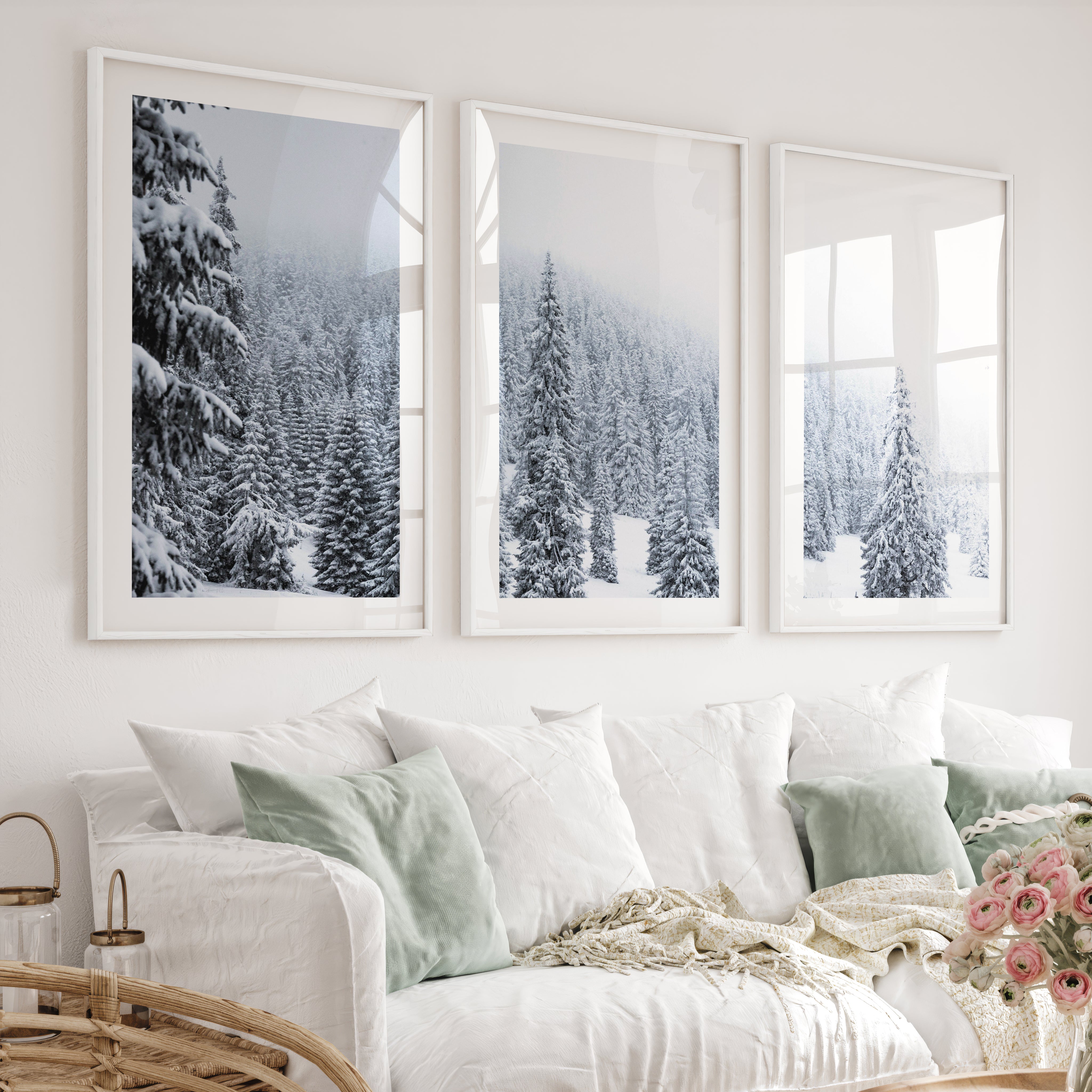 3 Piece Black White Nordic Winter Forest Wall Art Set - White Framed Poster with White Border - Artworksets