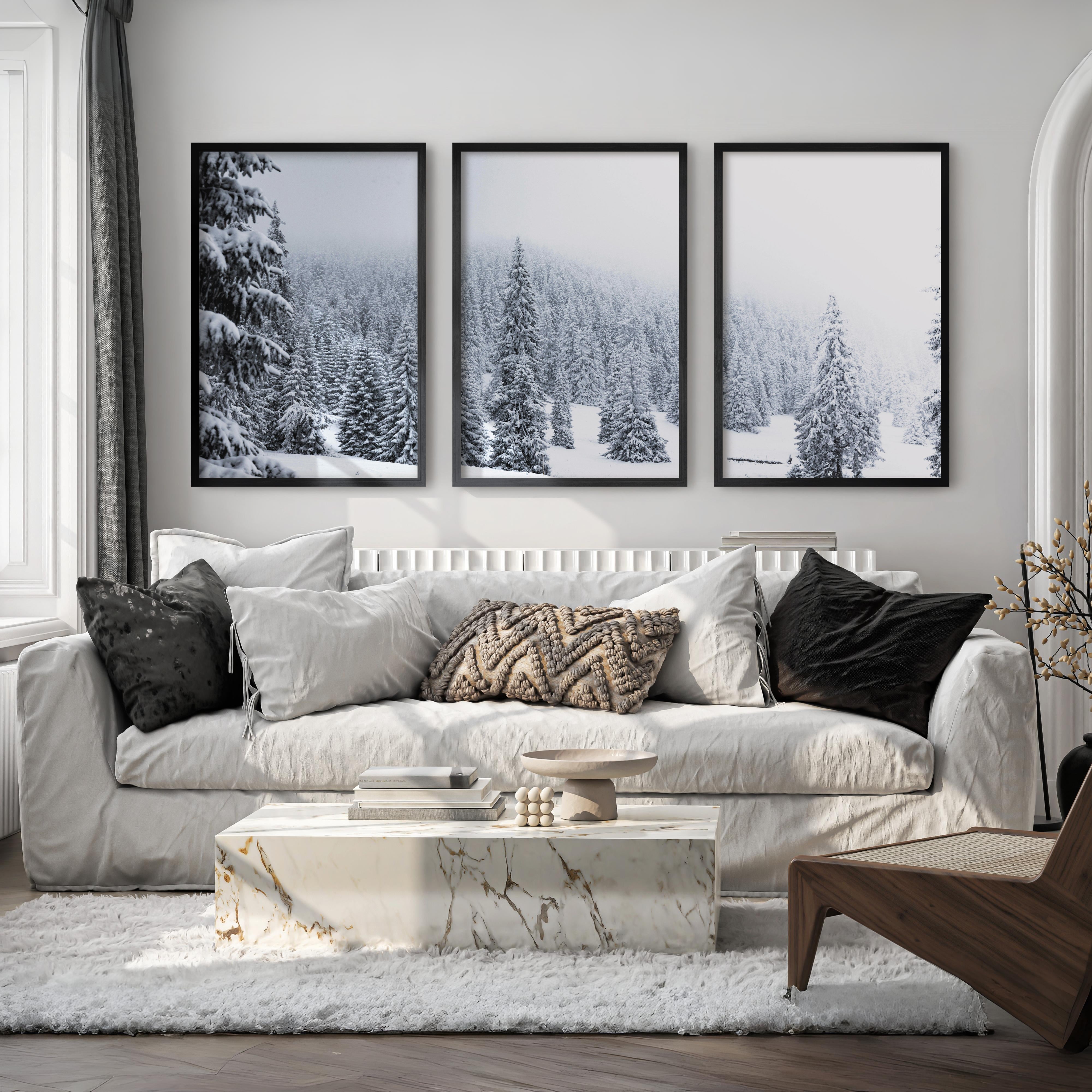3 Piece Black White Nordic Winter Forest Wall Art Set - Black Framed Poster No Border - Artworksets