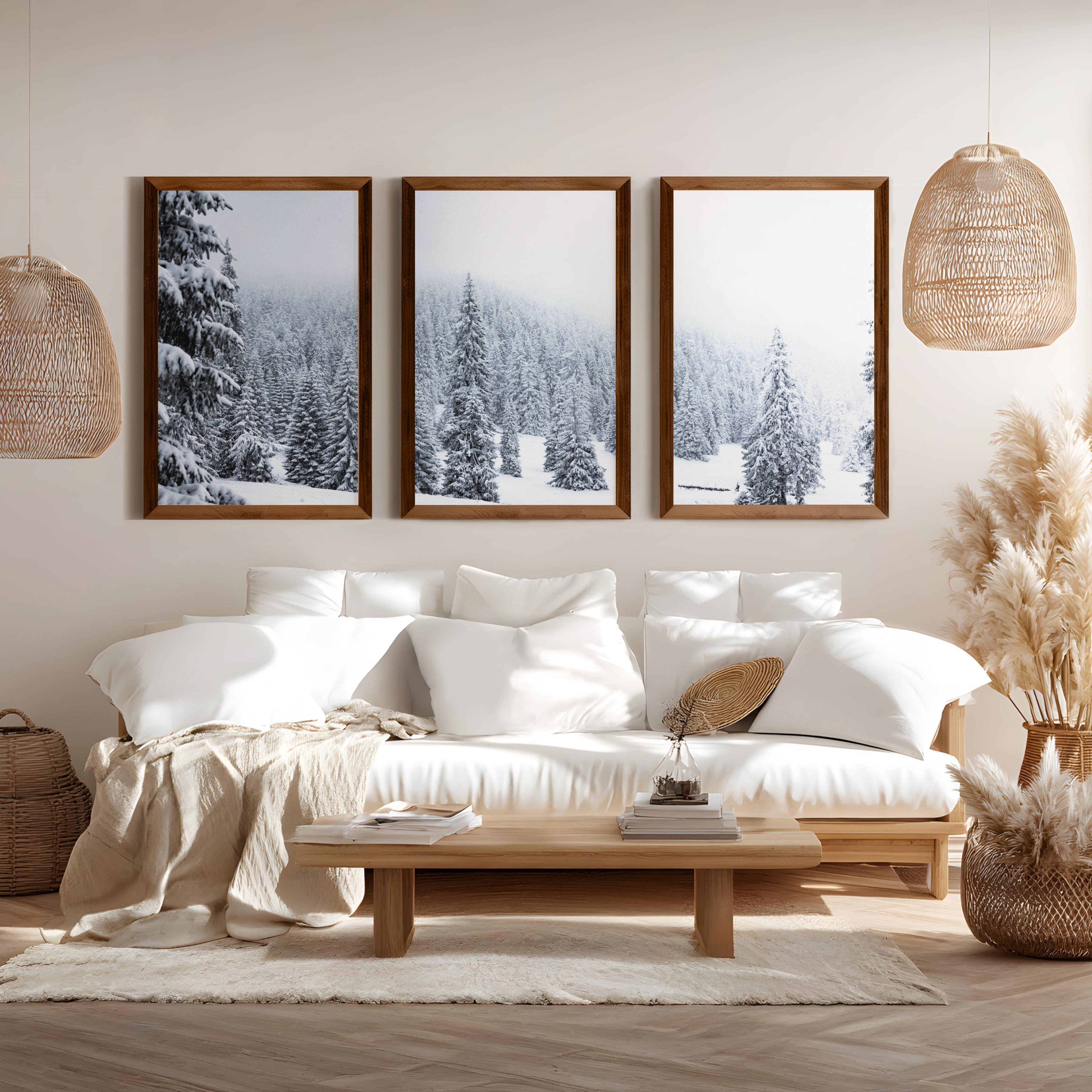 3 Piece Black White Nordic Winter Forest Wall Art Set - Dark Brown Framed Poster No Border - Artworksets