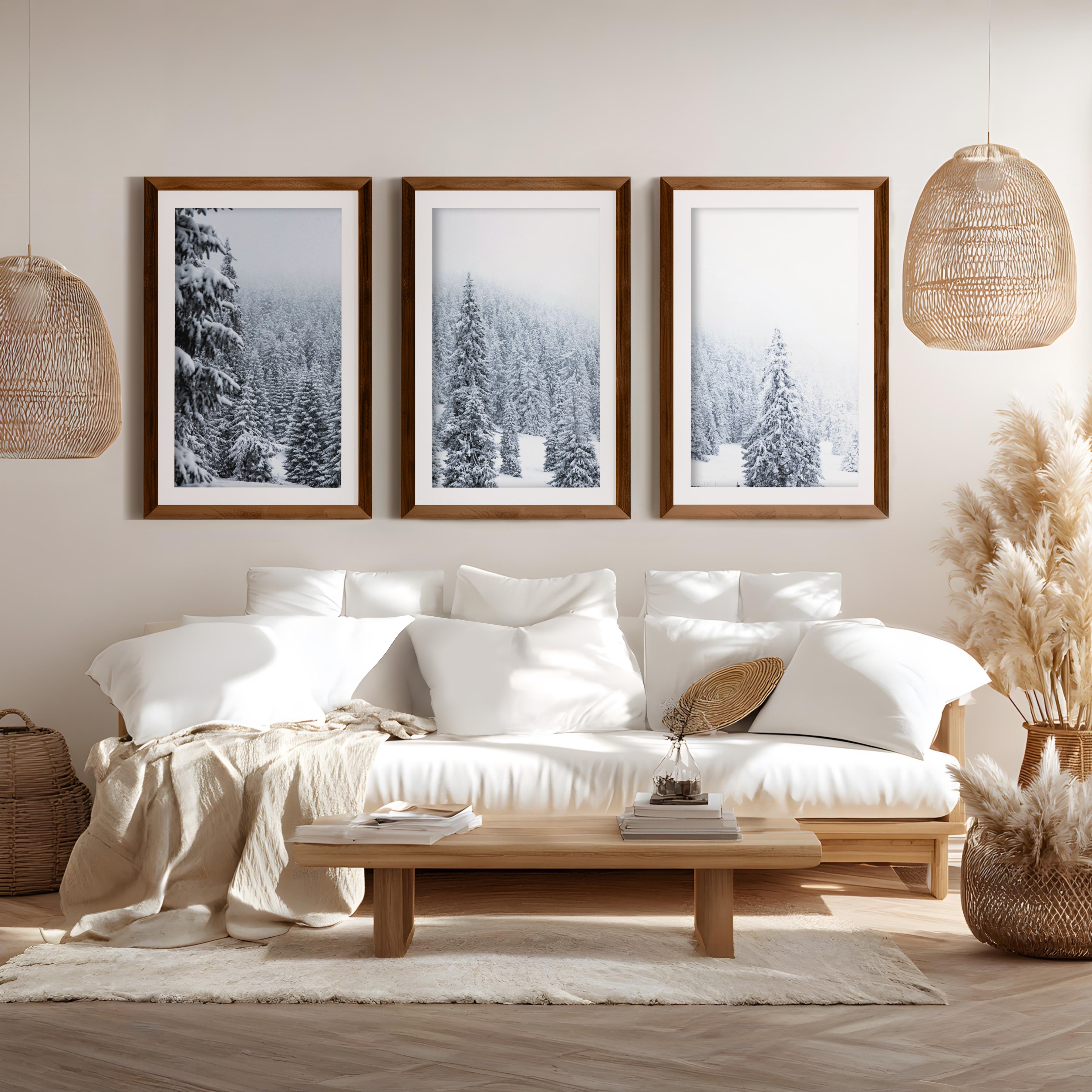 3 Piece Black White Nordic Winter Forest Wall Art Set - Dark Brown Framed Poster with White Border - Artworksets
