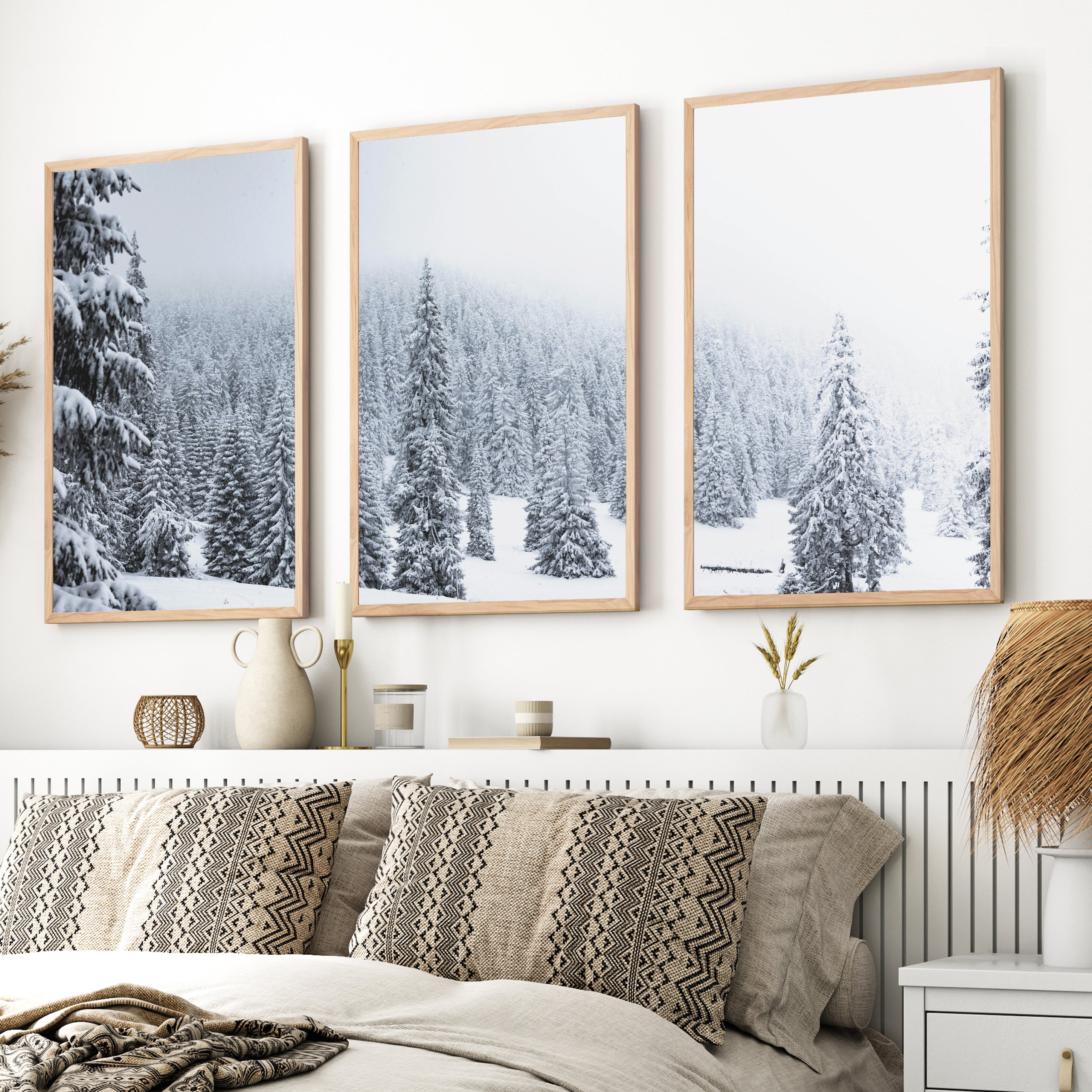 3 Piece Black White Nordic Winter Forest Wall Art Set - Natural Wood Framed Poster No Border - Artworksets