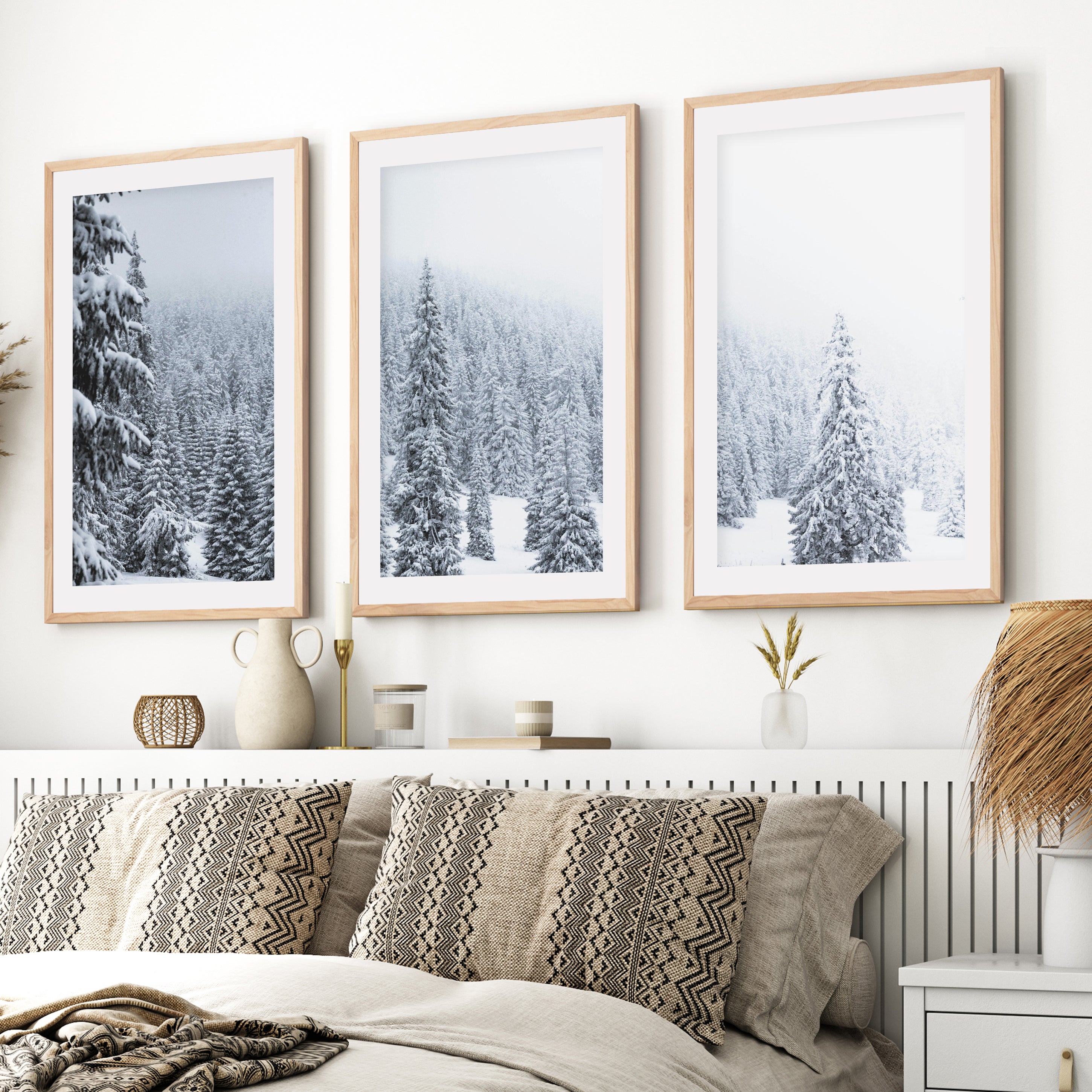 3 Piece Black White Nordic Winter Forest Wall Art Set- Natural Wood Framed Poster with White Border - Artworksets