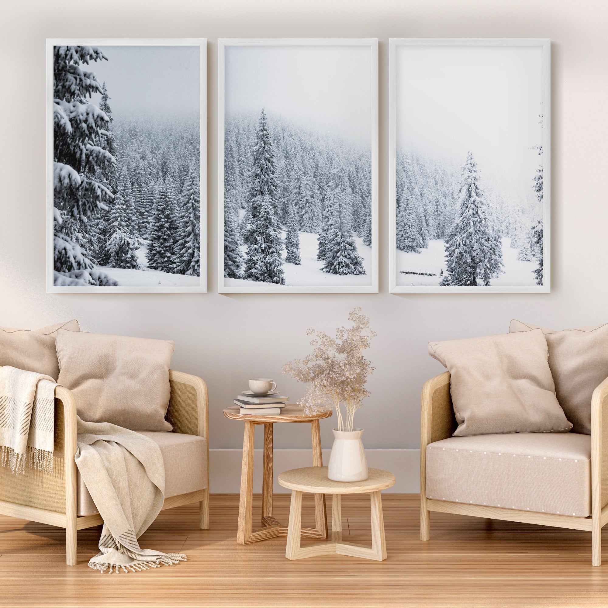 3 Piece Black White Nordic Winter Forest Wall Art Set - White Framed Poster No Border - Artworksets