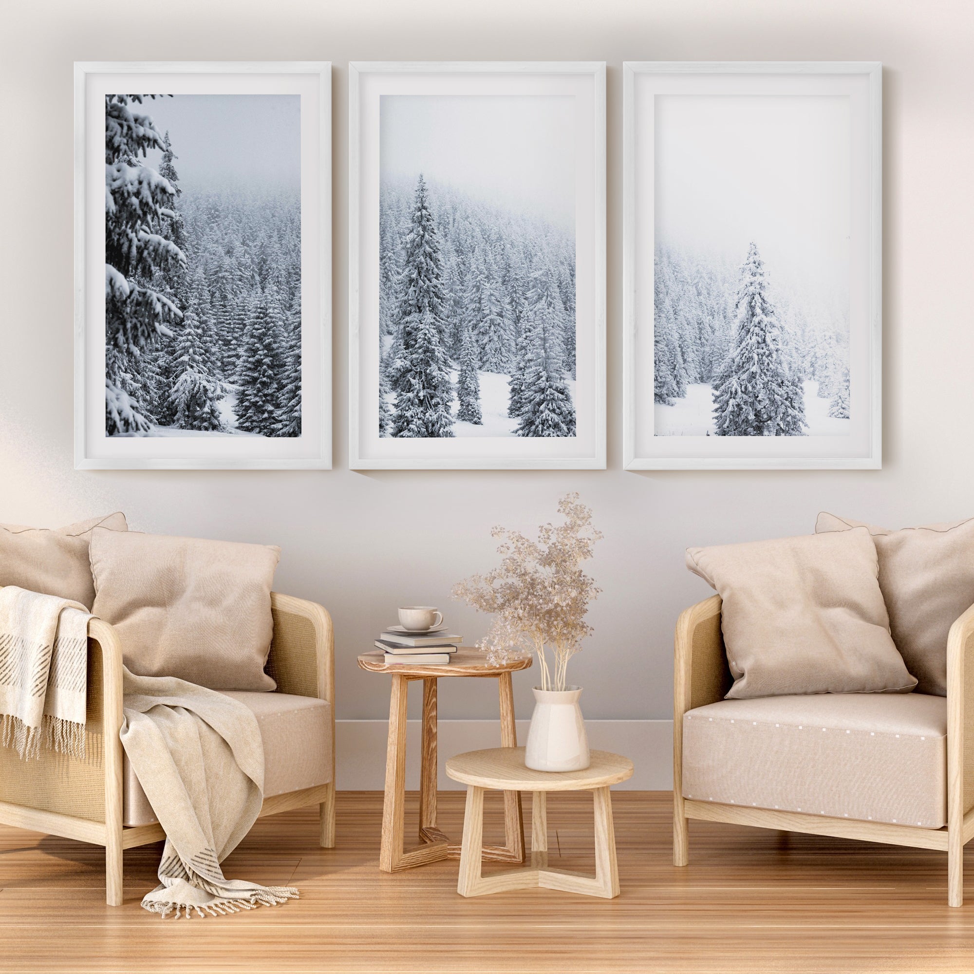 3 Piece Black White Nordic Winter Forest Wall Art Set - White Framed Poster with White Border - Artworksets