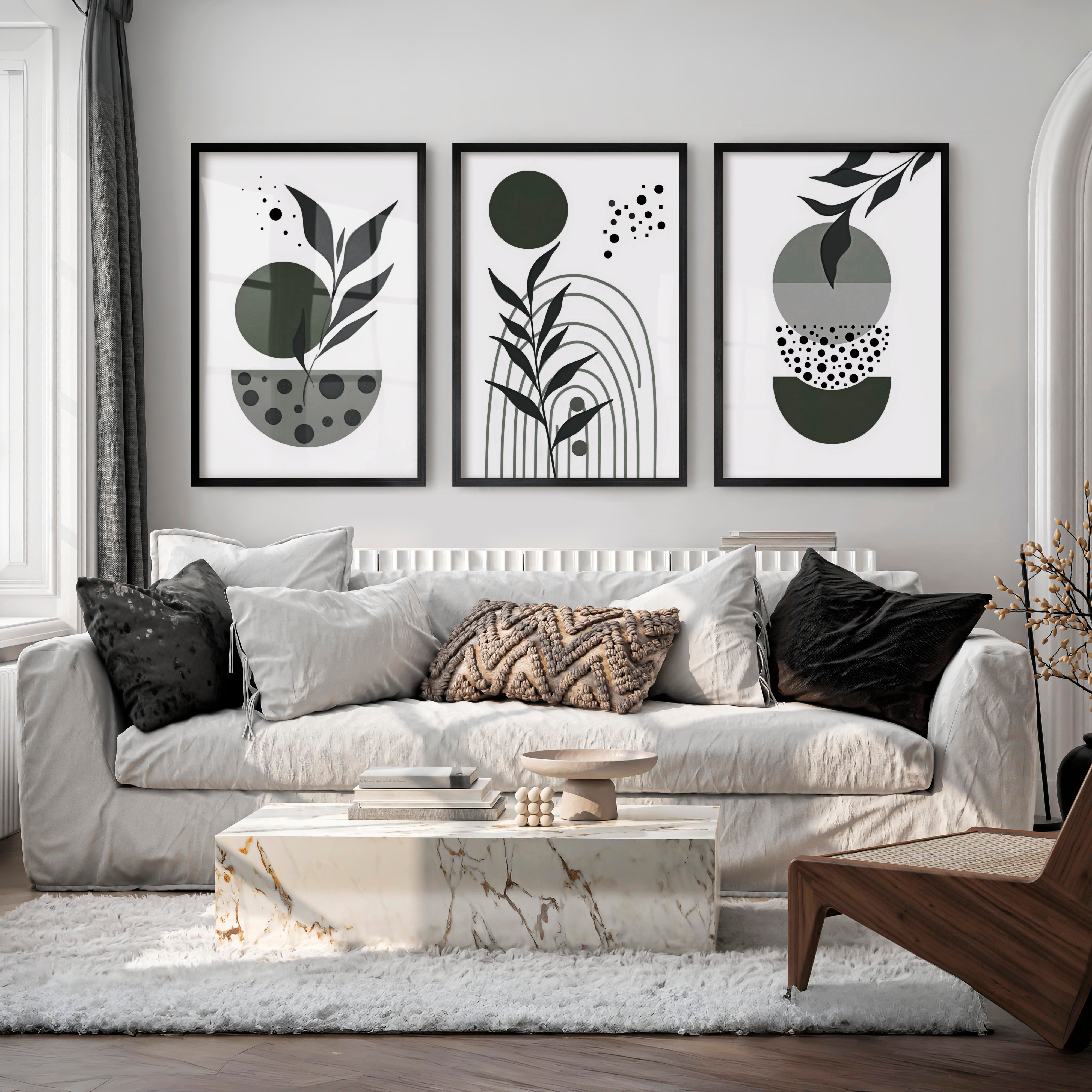 3 Piece Boho Wall Art Prints Mid-Century Abstract Decor - Black Framed Poster No Border - Artworksets