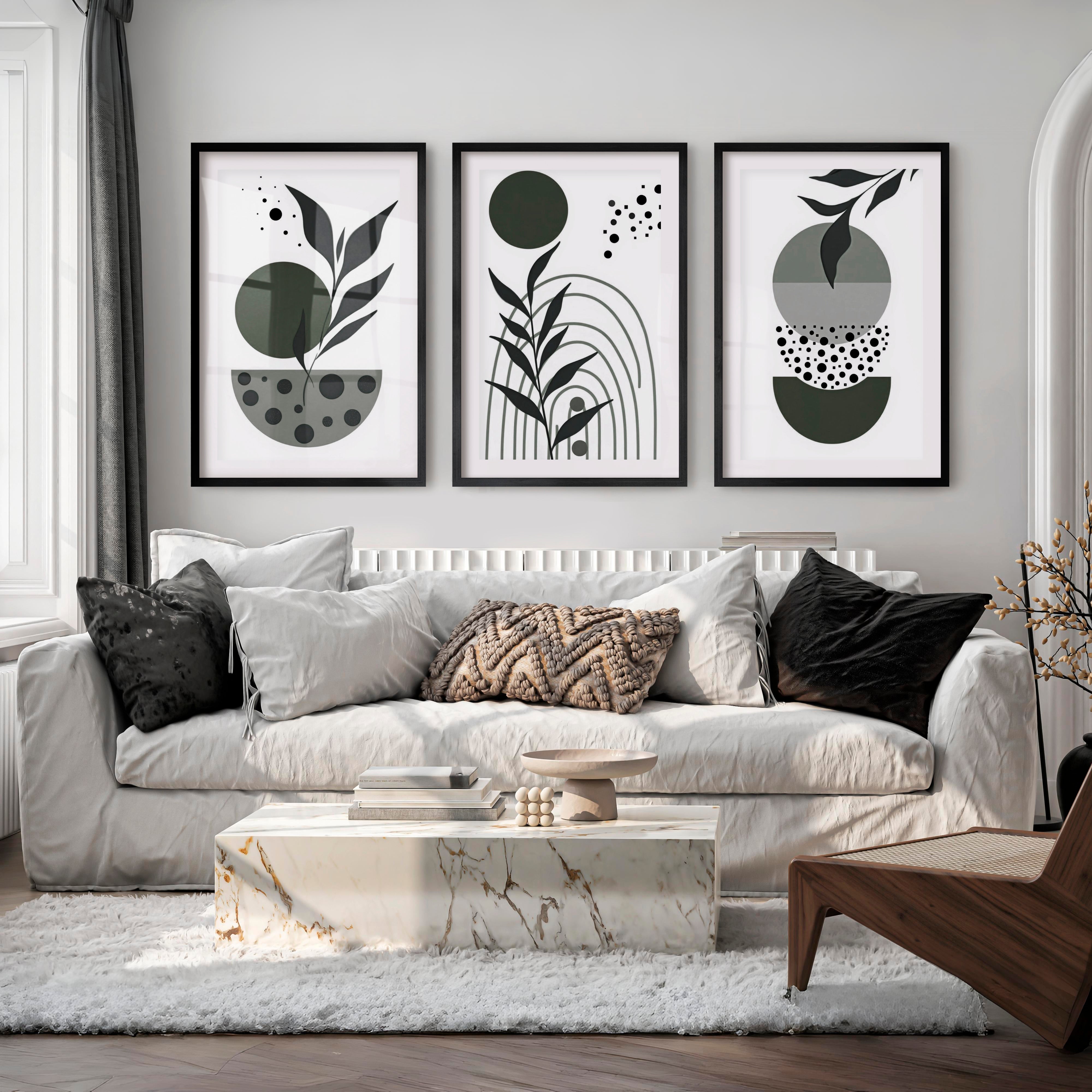 3 Piece Boho Wall Art Prints Mid-Century Abstract Decor - Black Framed Poster with White Border - Artworksets
