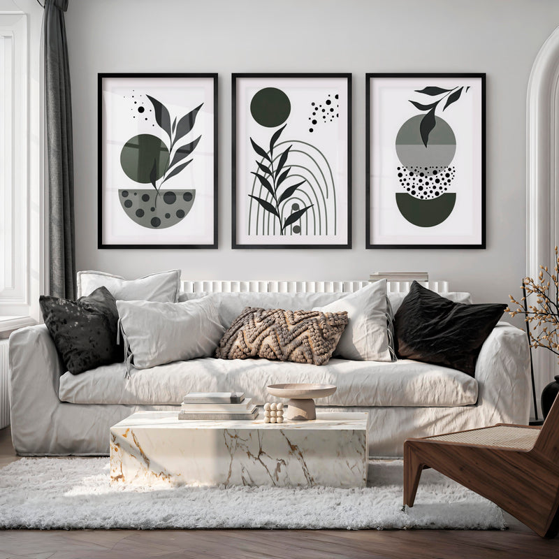 3 Piece Boho Wall Art Prints Mid-Century Abstract Decor - Black Framed Poster with White Border - Artworksets