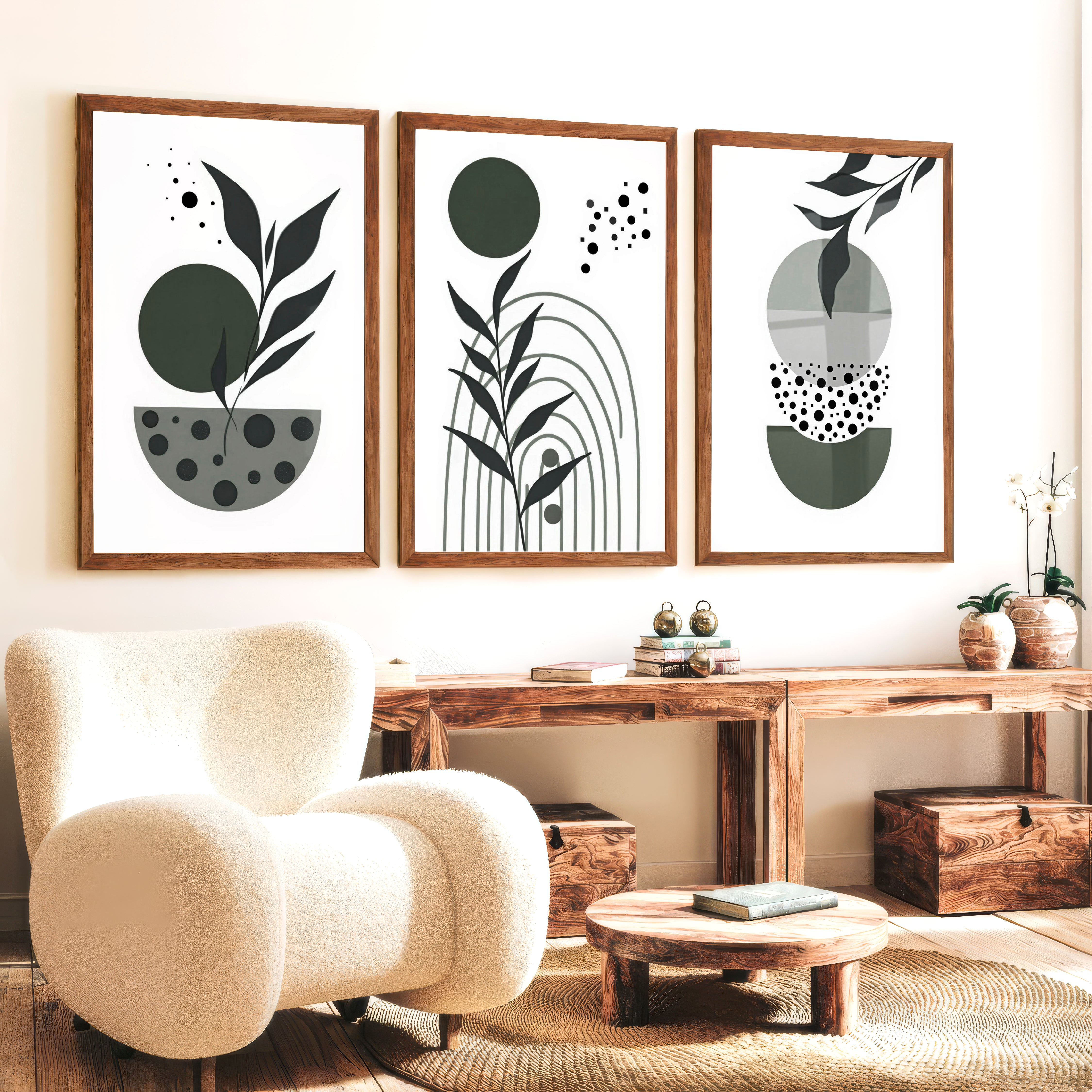 3 Piece Boho Wall Art Prints Mid-Century Abstract Decor - Dark Brown Framed Poster No Border - Artworksets