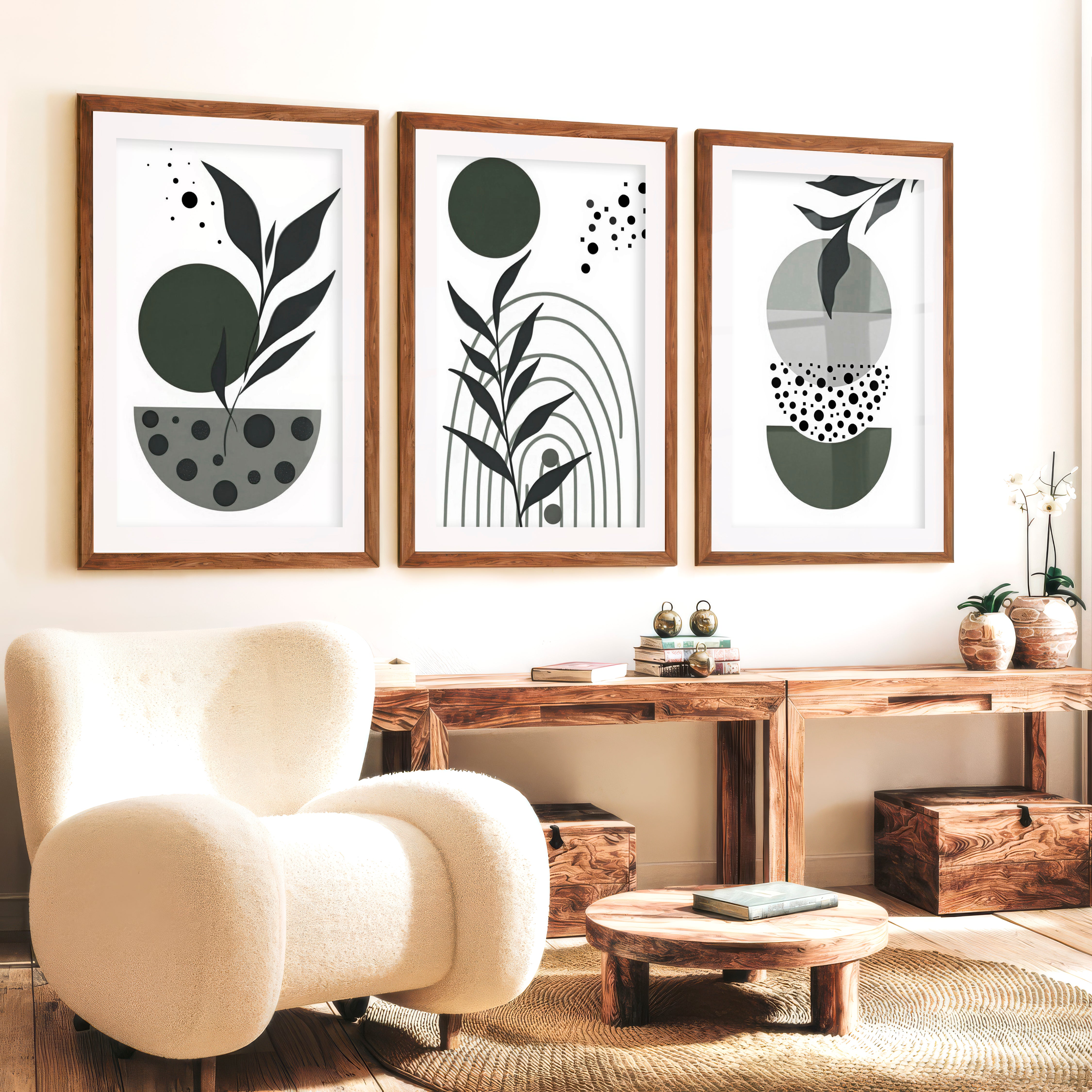 3 Piece Boho Wall Art Prints Mid-Century Abstract Decor - Dark Brown Framed Poster with White Border - Artworksets