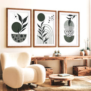 3 Piece Boho Wall Art Prints Mid-Century Abstract Decor - Dark Brown Framed Poster with White Border - Artworksets