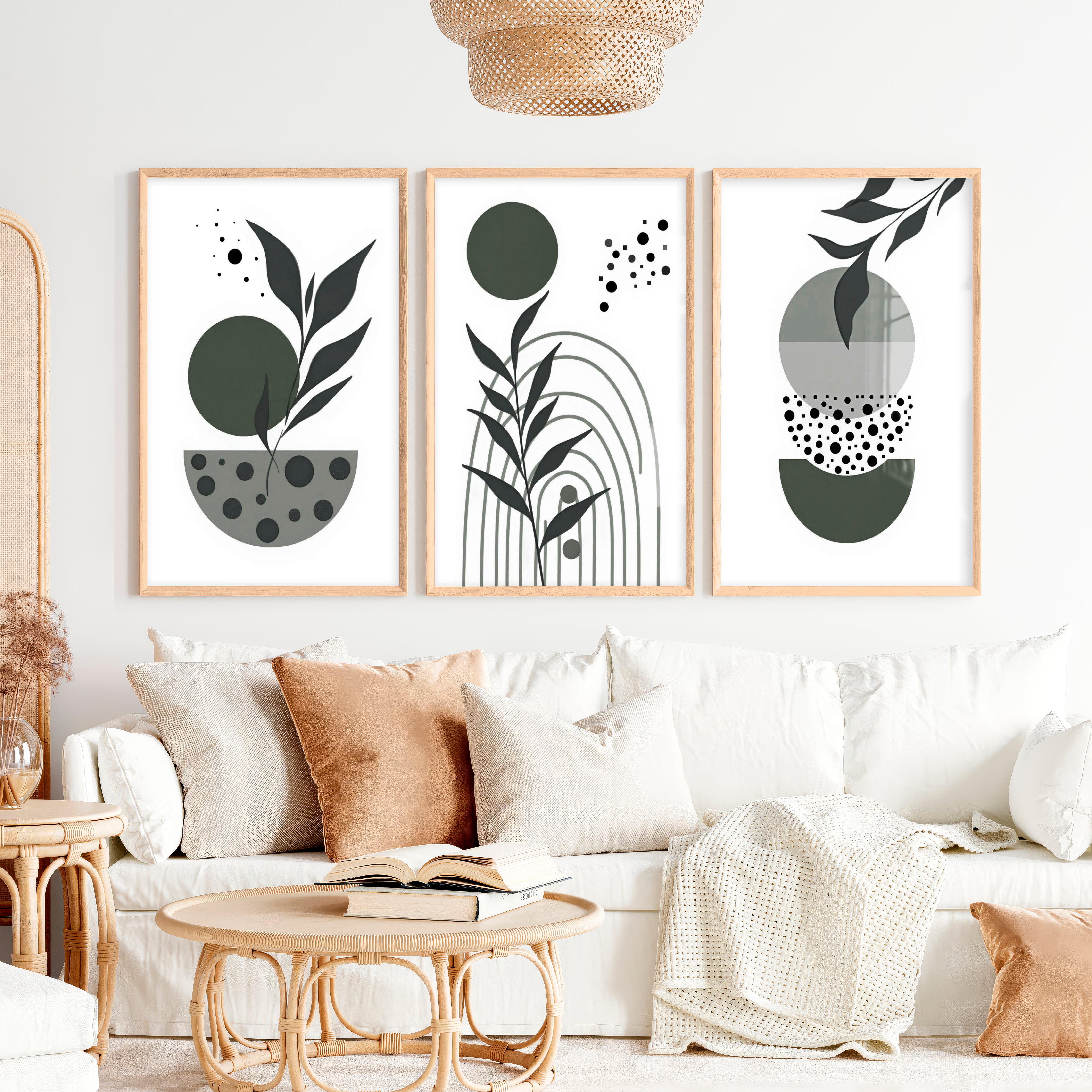 3 Piece Boho Wall Art Prints Mid-Century Abstract Decor - Natural Wood Framed Poster No Border - Artworksets
