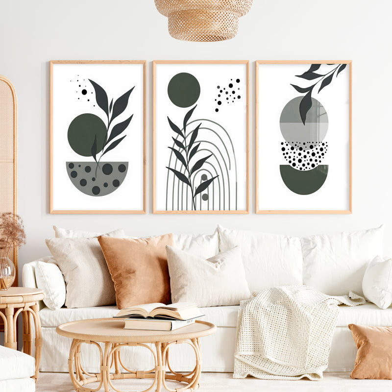 3 Piece Boho Wall Art Prints Mid-Century Abstract Decor - Natural Wood Framed Poster No Border - Artworksets