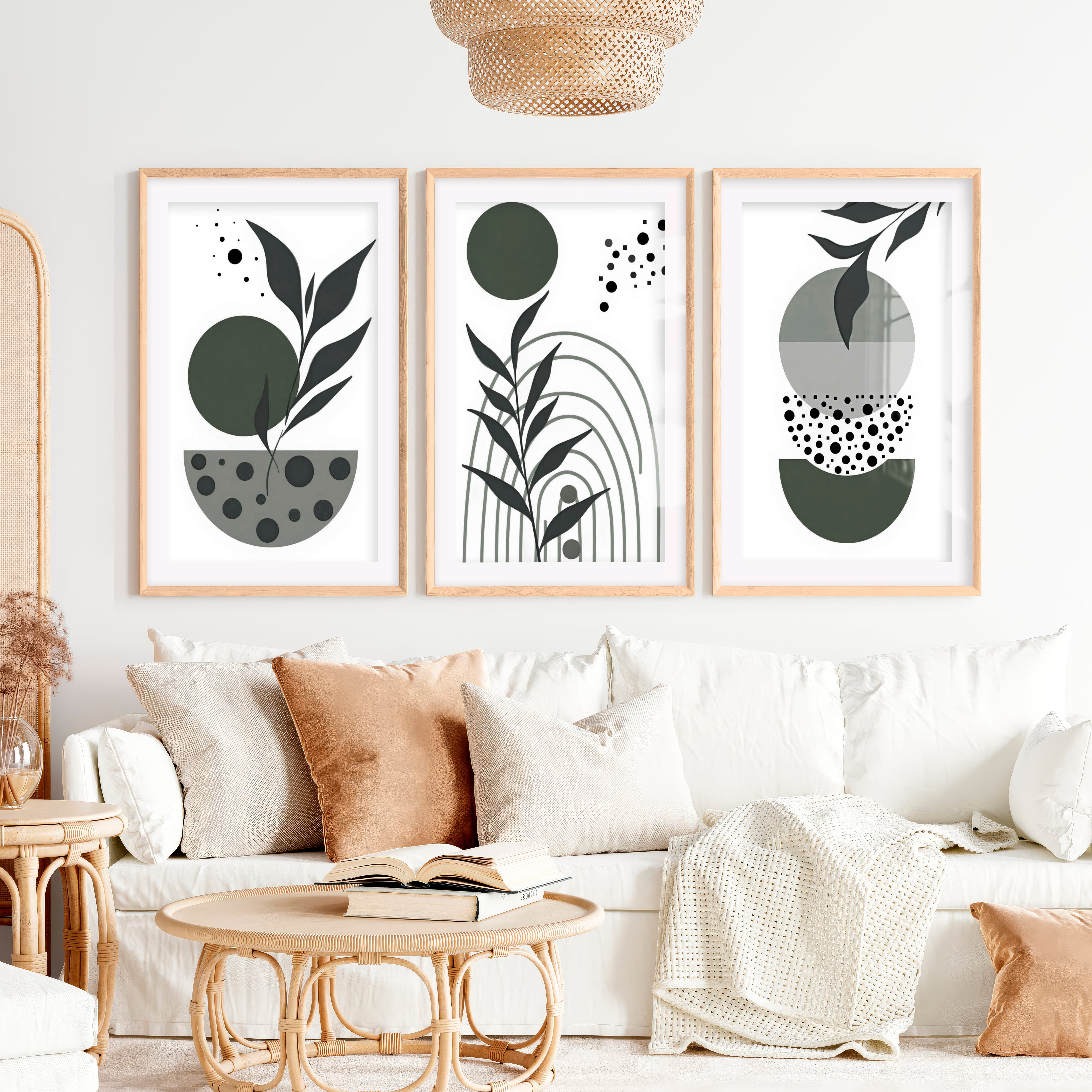3 Piece Boho Wall Art Prints Mid-Century Abstract Decor- Natural Wood Framed Poster with White Border - Artworksets