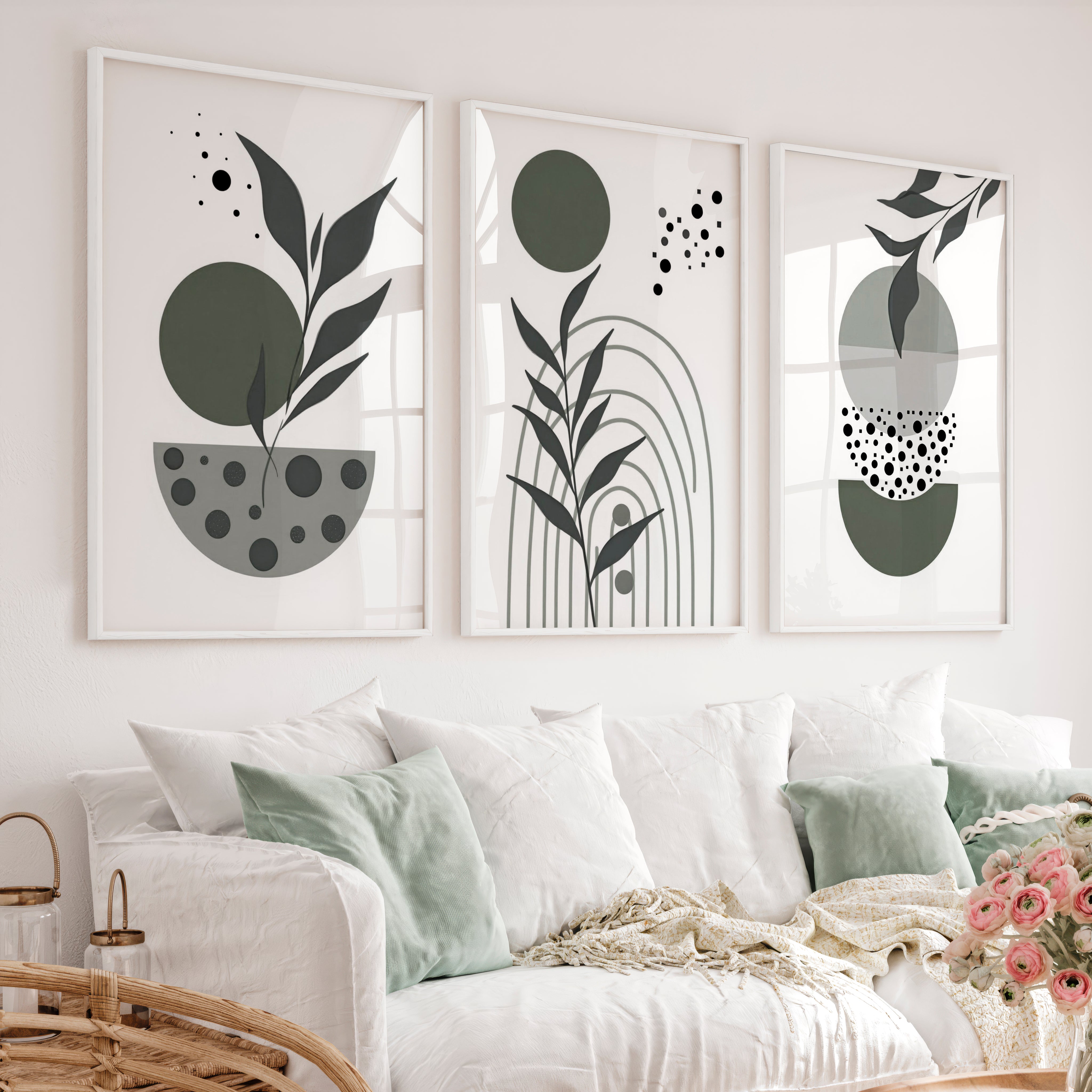 3 Piece Boho Wall Art Prints Mid-Century Abstract Decor - White Framed Poster No Border - Artworksets