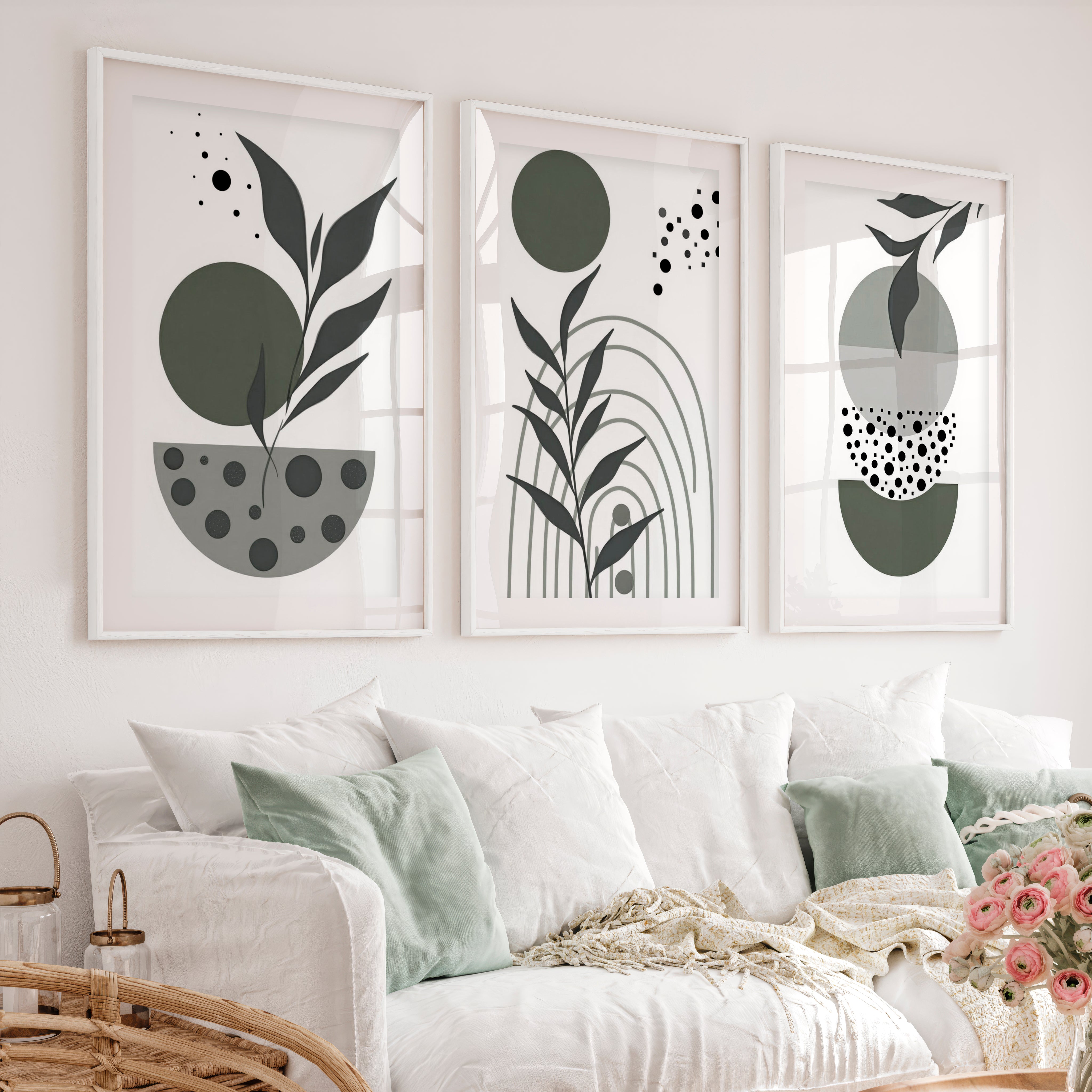 3 Piece Boho Wall Art Prints Mid-Century Abstract Decor - White Framed Poster with White Border - Artworksets