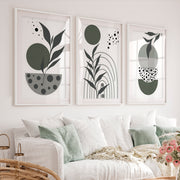 3 Piece Boho Wall Art Prints Mid-Century Abstract Decor - White Framed Poster with White Border - Artworksets