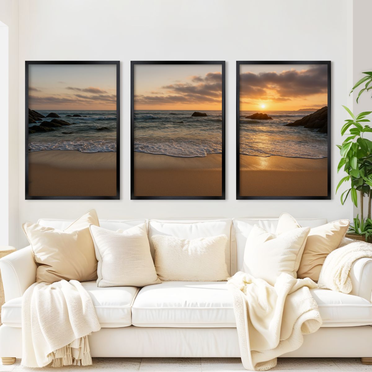 3 Piece Coastal Wall Art Set – Serene Sunset Beach Prints

 - Black Framed Poster No Border - Artworksets
