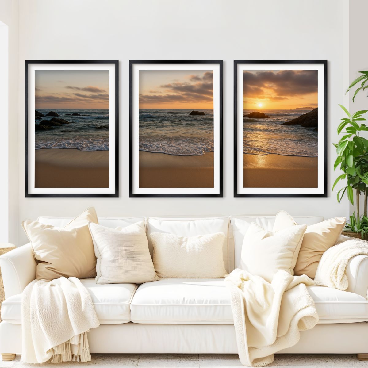 3 Piece Coastal Wall Art Set – Serene Sunset Beach Prints

 - Black Framed Poster with White Border - Artworksets