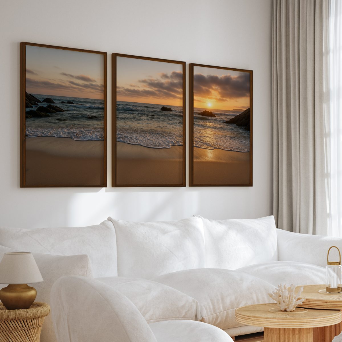 3 Piece Coastal Wall Art Set – Serene Sunset Beach Prints

 - Dark Brown Framed Poster No Border - Artworksets