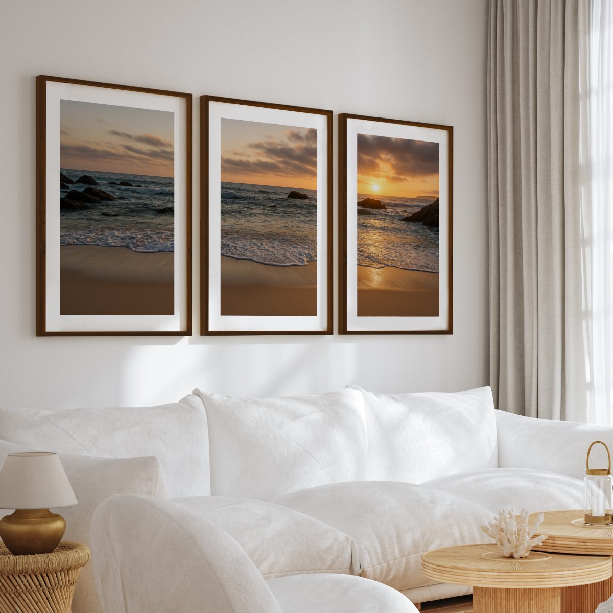 3 Piece Coastal Wall Art Set – Serene Sunset Beach Prints

 - Dark Brown Framed Poster with White Border - Artworksets