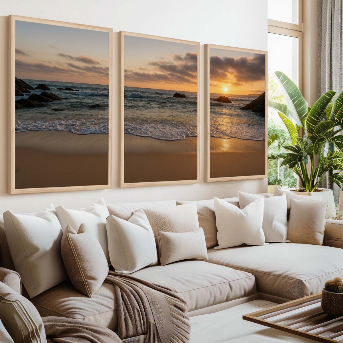 3 Piece Coastal Wall Art Set – Serene Sunset Beach Prints

 - Natural Wood Framed Poster No Border - Artworksets