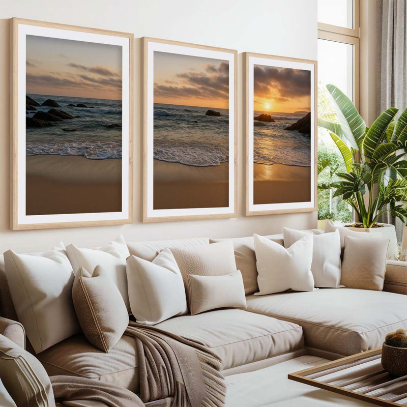 3 Piece Coastal Wall Art Set – Serene Sunset Beach Prints

- Natural Wood Framed Poster with White Border - Artworksets