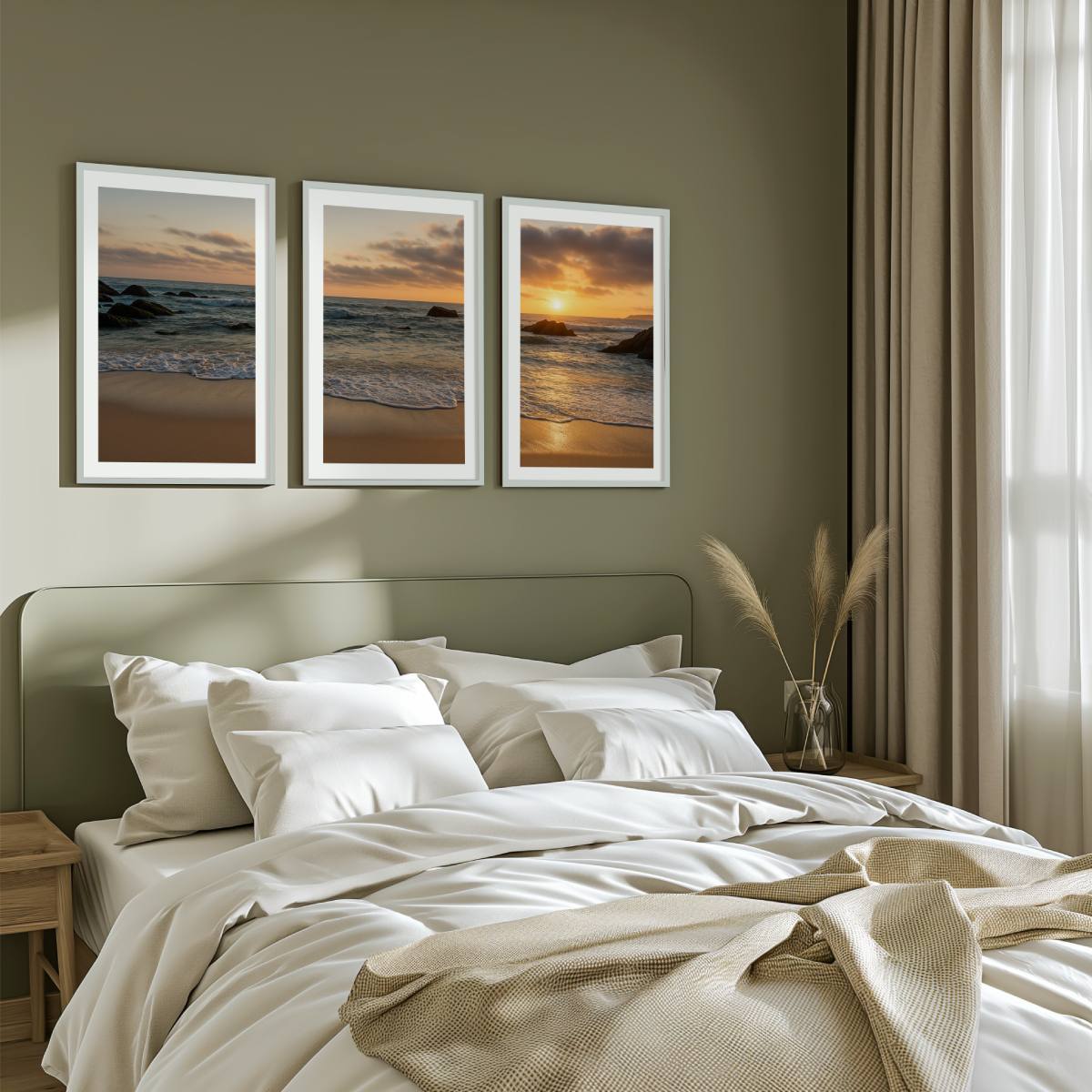 3 Piece Coastal Wall Art Set – Serene Sunset Beach Prints

 - White Framed Poster with White Border - Artworksets