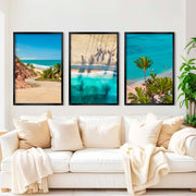 3 Piece Nautical Wall Art – Cliff Trail, Palm Shadows & Surfer Beach Set - Black Framed Poster No Border - Artworksets
