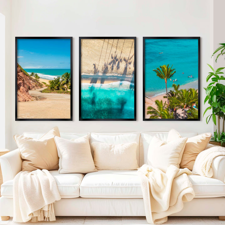 3 Piece Nautical Wall Art – Cliff Trail, Palm Shadows & Surfer Beach Set - Black Framed Poster No Border - Artworksets