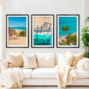 3 Piece Nautical Wall Art – Cliff Trail, Palm Shadows & Surfer Beach Set - Black Framed Poster with White Border - Artworksets