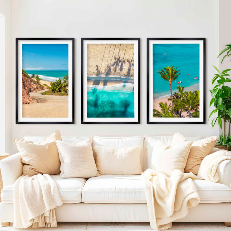 3 Piece Nautical Wall Art – Cliff Trail, Palm Shadows & Surfer Beach Set - Black Framed Poster with White Border - Artworksets