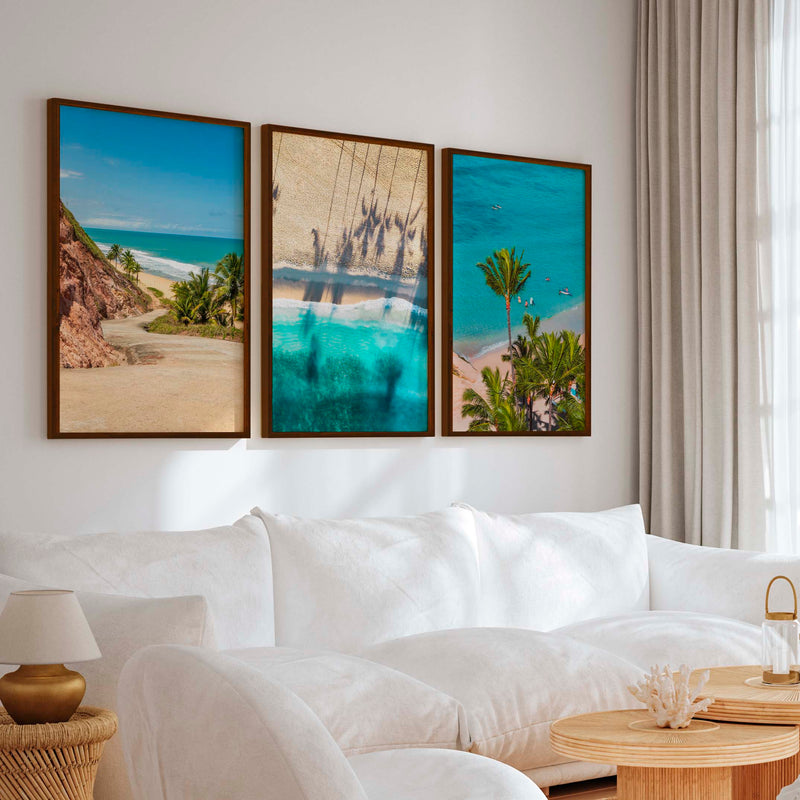 3 Piece Nautical Wall Art – Cliff Trail, Palm Shadows & Surfer Beach Set - Dark Brown Framed Poster No Border - Artworksets