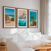 3 Piece Nautical Wall Art – Cliff Trail, Palm Shadows & Surfer Beach Set - Dark Brown Framed Poster with White Border - Artworksets