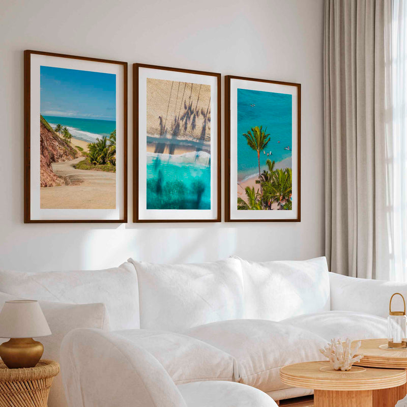 3 Piece Nautical Wall Art – Cliff Trail, Palm Shadows & Surfer Beach Set - Dark Brown Framed Poster with White Border - Artworksets