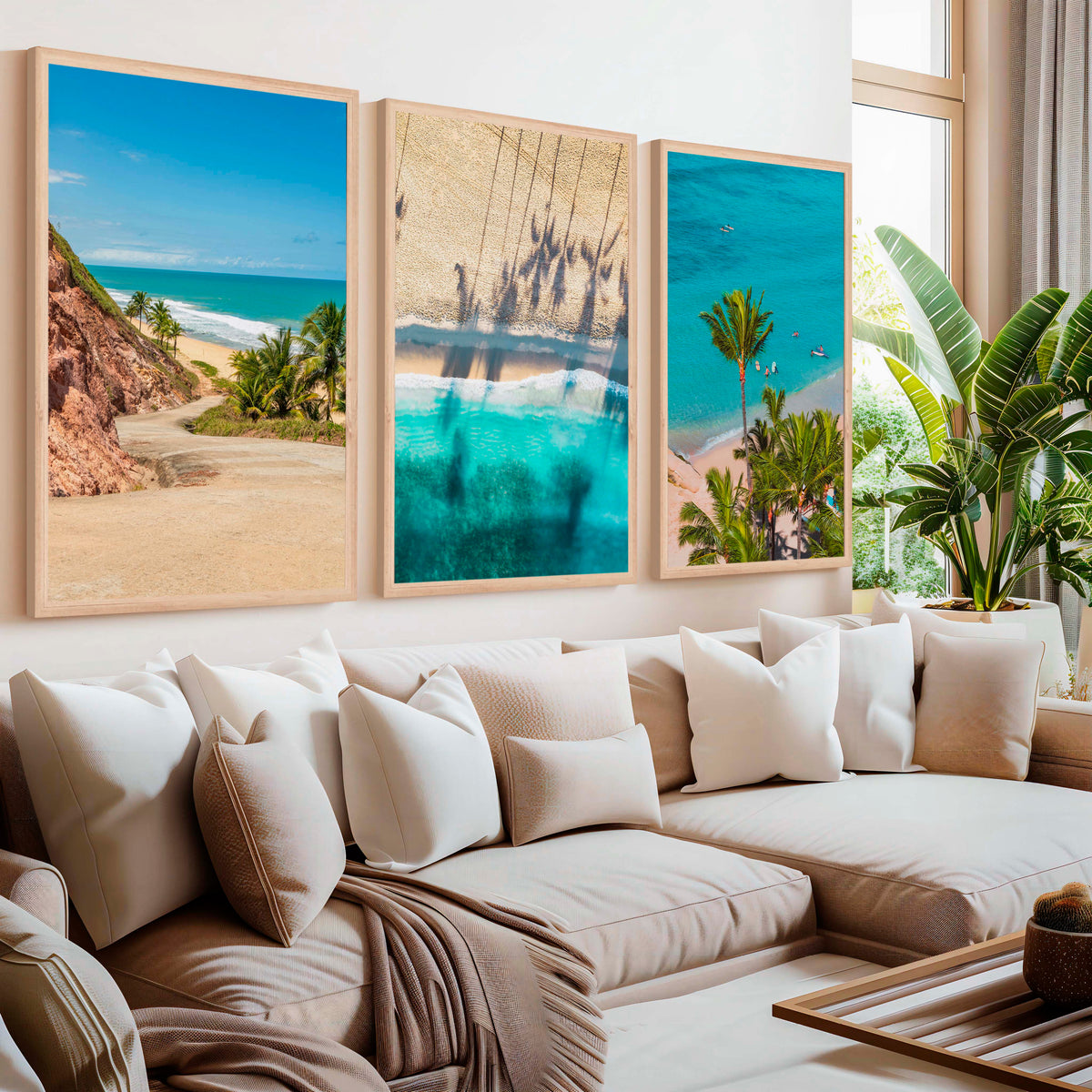 3 Piece Nautical Wall Art – Cliff Trail, Palm Shadows & Surfer Beach Set - Natural Wood Framed Poster No Border - Artworksets