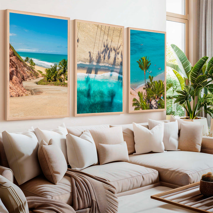 3 Piece Nautical Wall Art – Cliff Trail, Palm Shadows & Surfer Beach Set - Natural Wood Framed Poster No Border - Artworksets