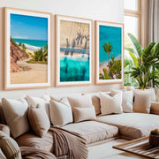 3 Piece Nautical Wall Art – Cliff Trail, Palm Shadows & Surfer Beach Set- Natural Wood Framed Poster with White Border - Artworksets