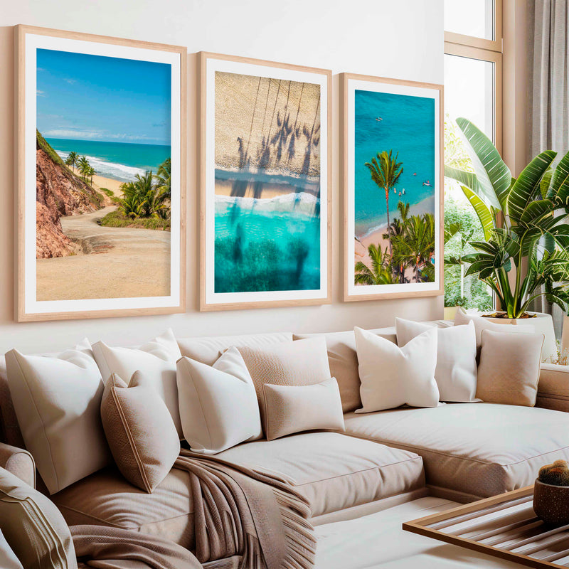 3 Piece Nautical Wall Art – Cliff Trail, Palm Shadows & Surfer Beach Set- Natural Wood Framed Poster with White Border - Artworksets