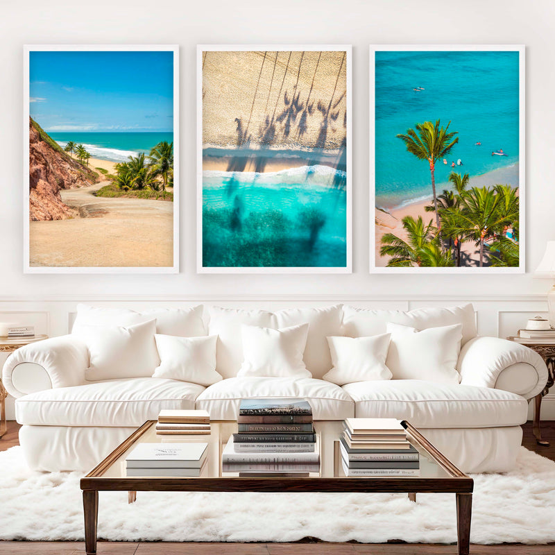 3 Piece Nautical Wall Art – Cliff Trail, Palm Shadows & Surfer Beach Set - White Framed Poster No Border - Artworksets