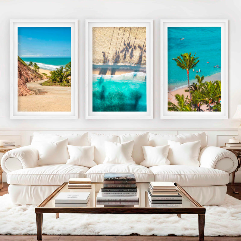 3 Piece Nautical Wall Art – Cliff Trail, Palm Shadows & Surfer Beach Set - White Framed Poster with White Border - Artworksets