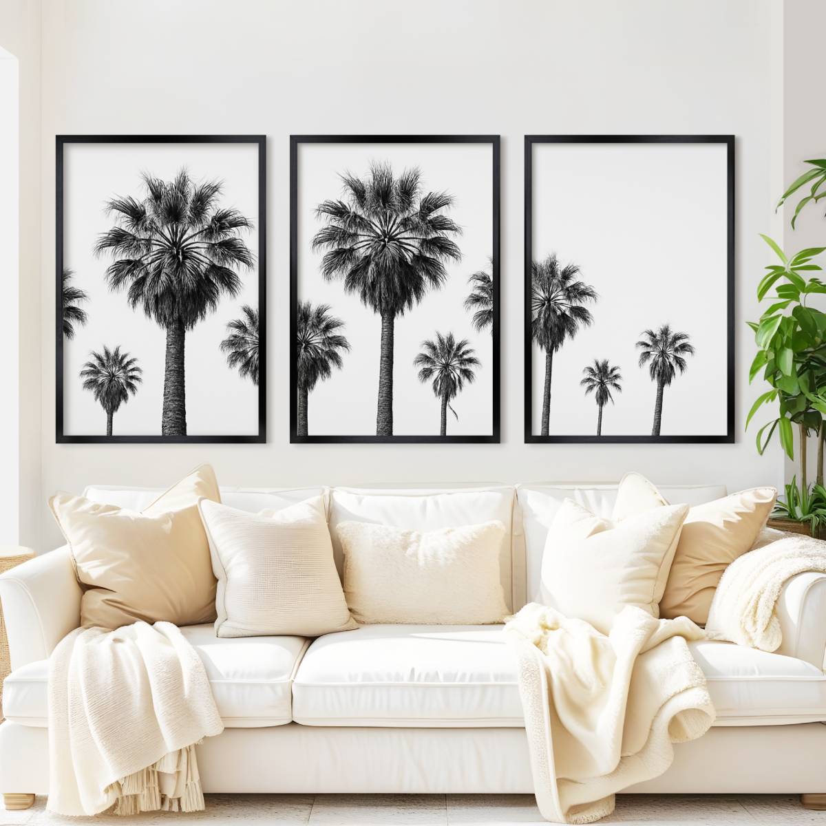 3 Piece Nautical Wall Art – Black and White Palm Tree Set - Black Framed Poster No Border - Artworksets