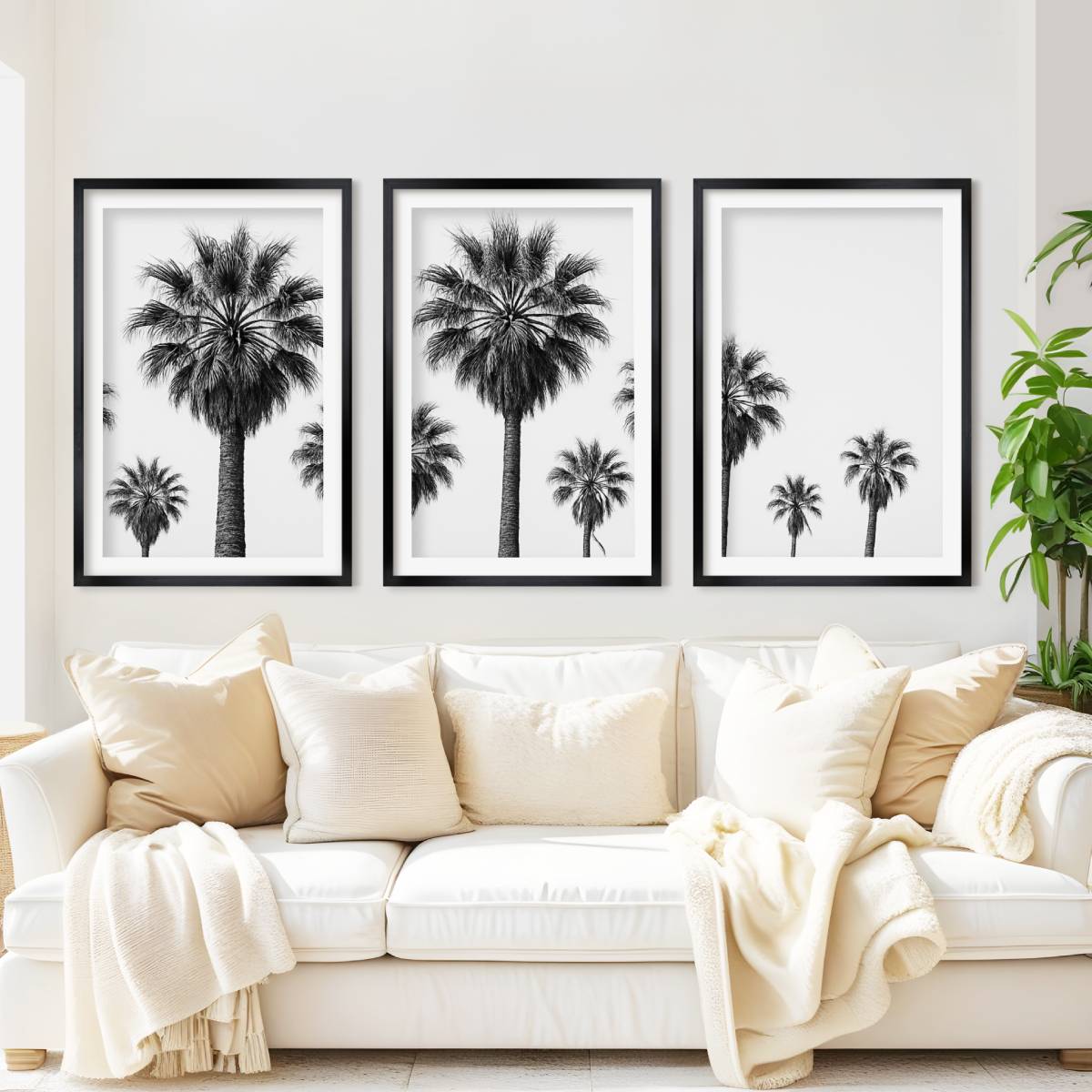 3 Piece Nautical Wall Art – Black and White Palm Tree Set - Black Framed Poster with White Border - Artworksets