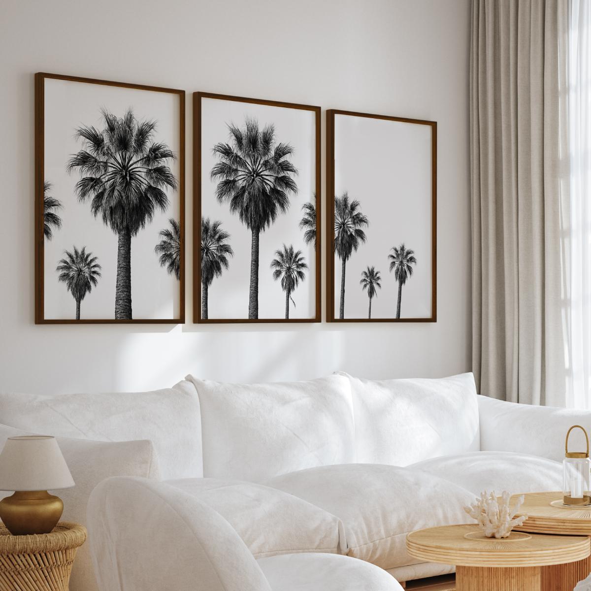 3 Piece Nautical Wall Art – Black and White Palm Tree Set - Dark Brown Framed Poster No Border - Artworksets
