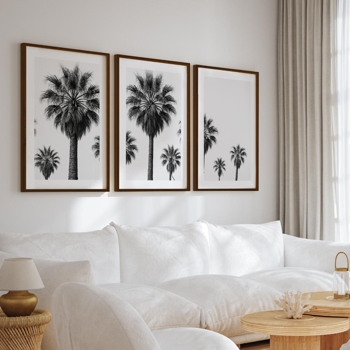 3 Piece Nautical Wall Art – Black and White Palm Tree Set - Dark Brown Framed Poster with White Border - Artworksets