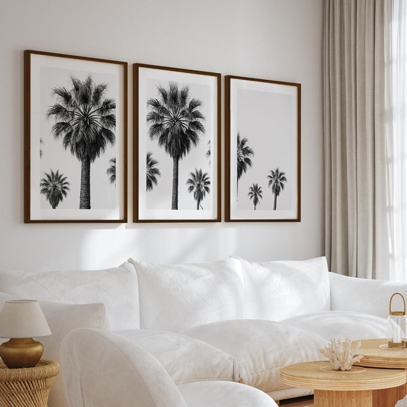 3 Piece Nautical Wall Art – Black and White Palm Tree Set - Dark Brown Framed Poster with White Border - Artworksets